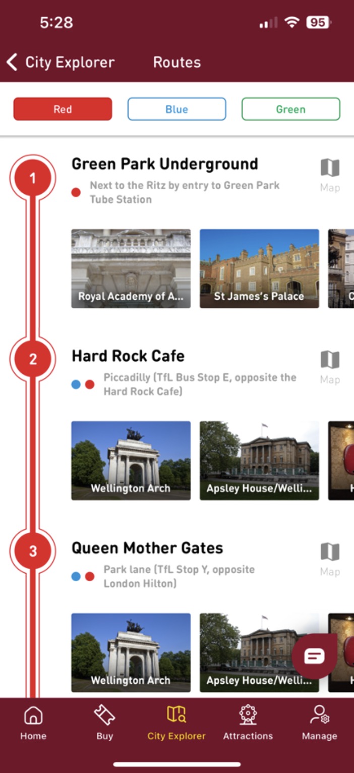 Big Bus Tours timeline screen
