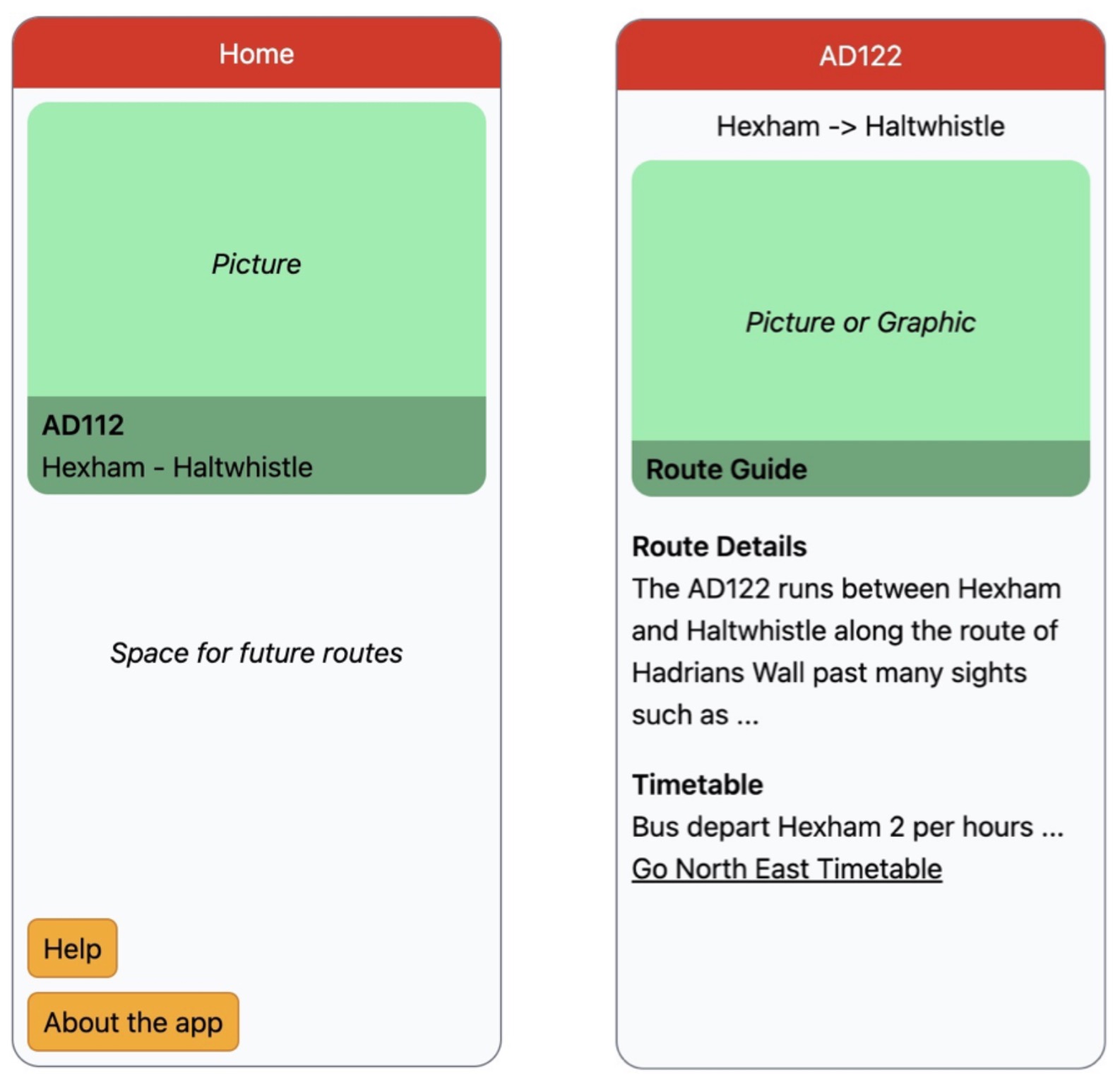 Digital mock-ups of the home and route screens