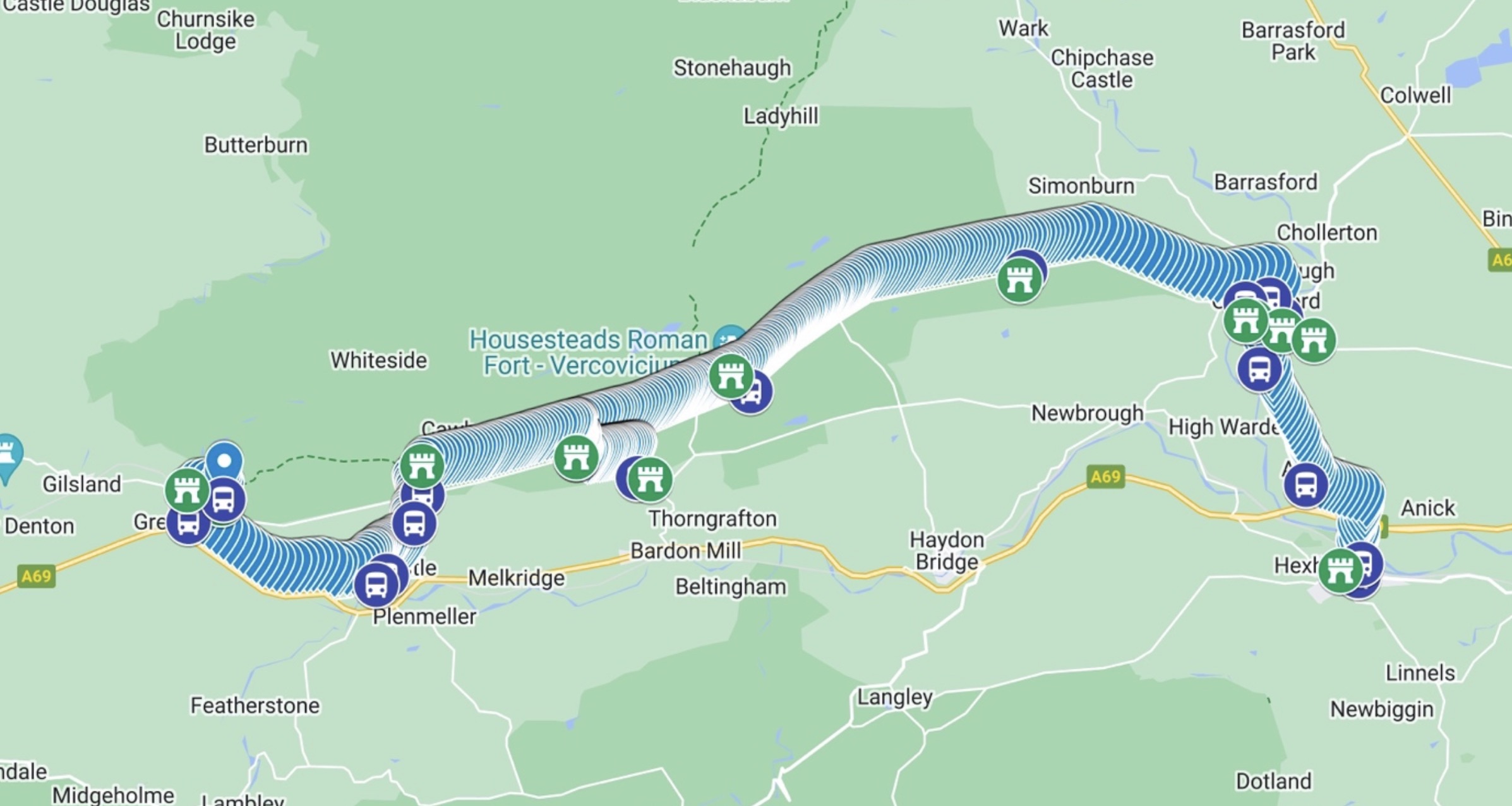 The final AD122 route dataset plotted in Google My Maps