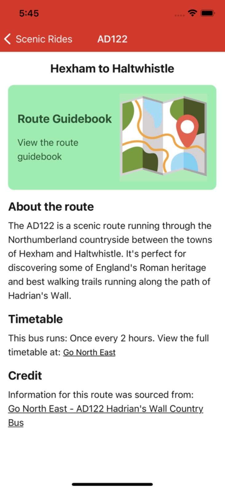Scenic Rides bus route screen